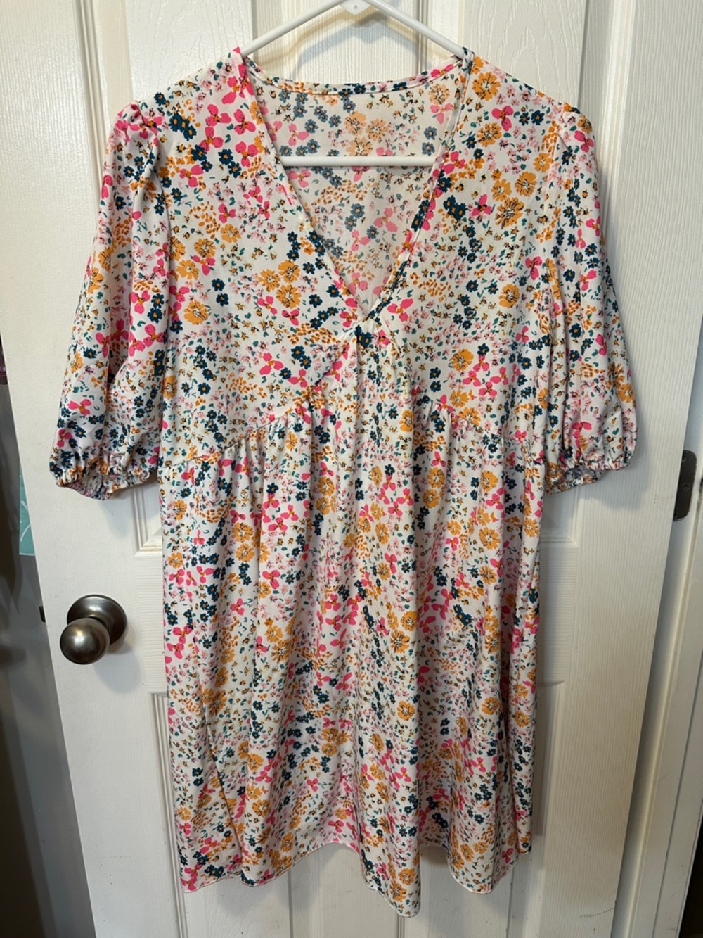 SHEIN Pink Floral V-Neck Mini Dress with Yellow & Green Accents